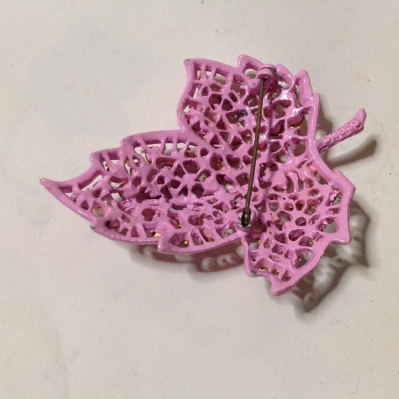 Vintage Weiss Pink Rhinestone Maple Leaf Brooch & Earrings - Picture 6 of 9